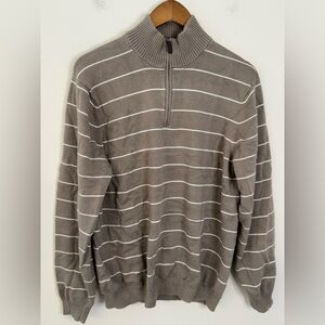 Bass Heritage Collection cotton Sweater tan white stripes 1/4 zipribbed trim LG